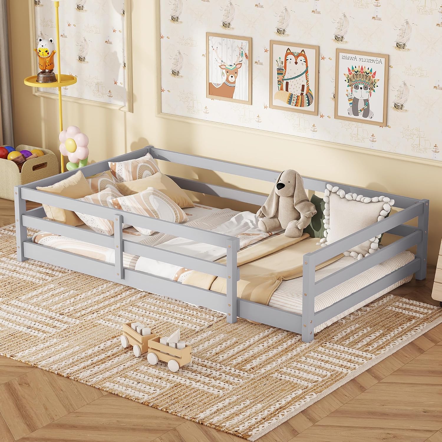 Modern Classic Full Size Bed Frame with Fence, Sturdy Wood Montessori Floor Bed for s, Boys, Girls, Dorm, Bedroom, House, Easy to Assemble, Noise-Free Design, No Box Spring Needed,Grey-TWI