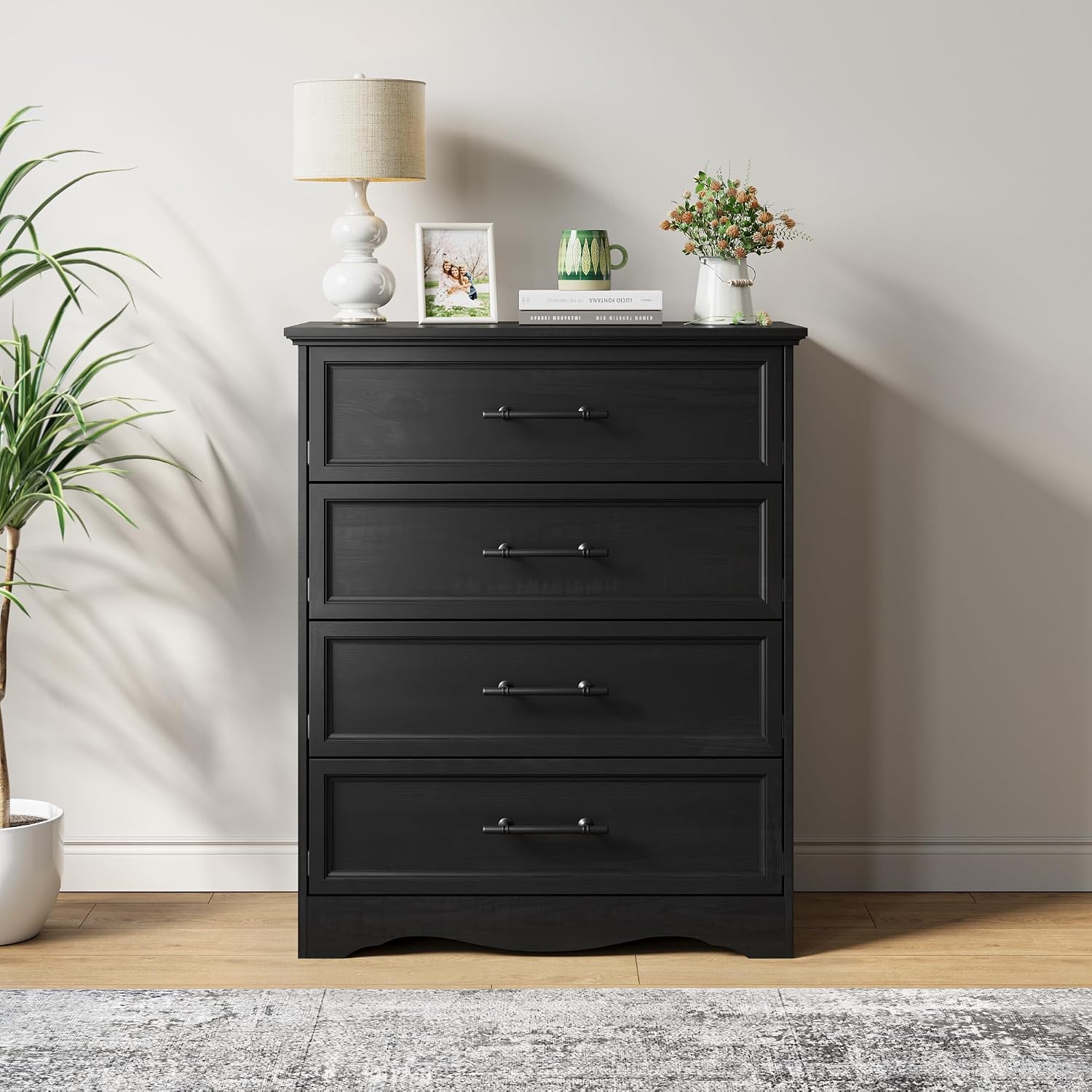 Black Dresser for Bedroom, Farmhouse 36' Tall 4 Drawer Chest with Sleek Brushed Metal Handles, Modern Wood Storage Cabinet with Unique Base Design, Closet Organizer for Bedroom, Living Room, Hallway