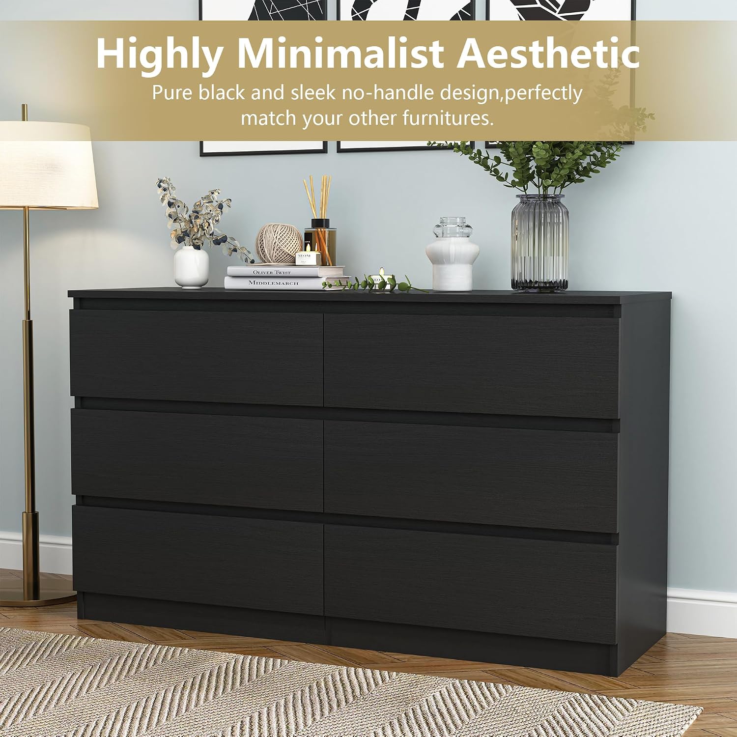 Black 6 Drawer Dresser for Bedroom, Modern Deep Drawer Dresser,Wide Chest of Drawers for Bedroom,Wood Storage Organizer Furniture,TV Dresser for Living Room