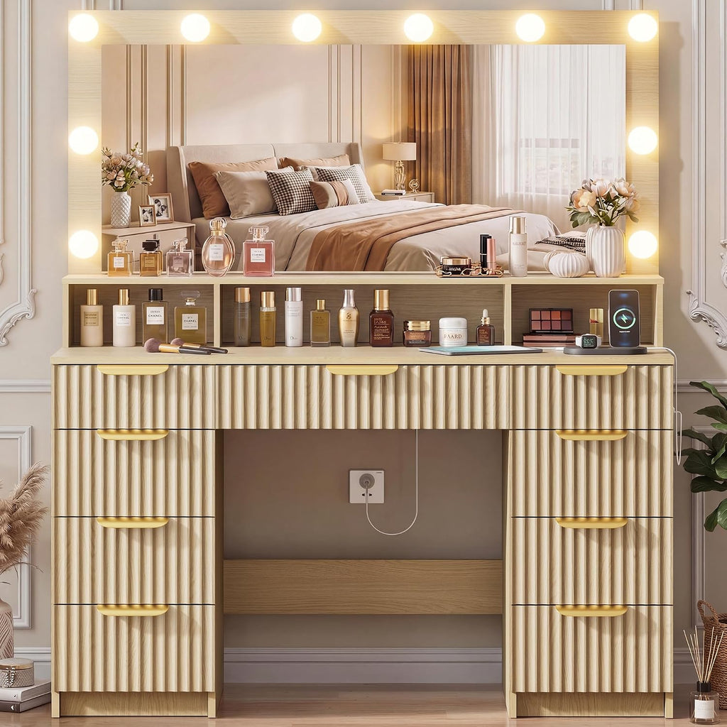 Fluted Vanity Desk with Large Mirror and Adjustable LED Lights, Makeup Vanity Table with Power Outlet, 9 Drawers & Storage Shelf, Bedroom Dressing Table Vanity Set for Girls, Women, Natural Oak