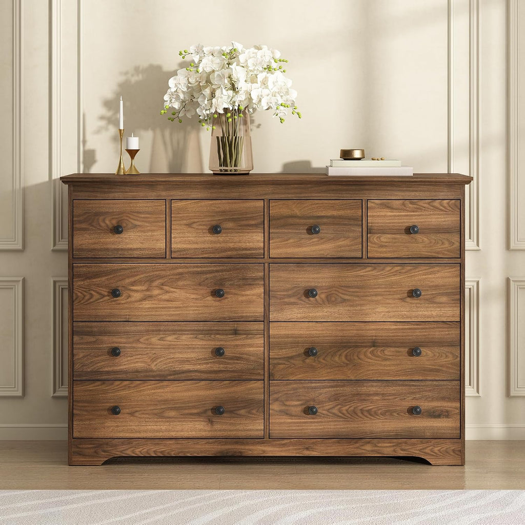 55 Inch Wide Dresser for Bedroom, 10 Drawer Dresser with Large Drawers, Thickened Top, Wood Chest for Living Room, Hallway, Walnut
