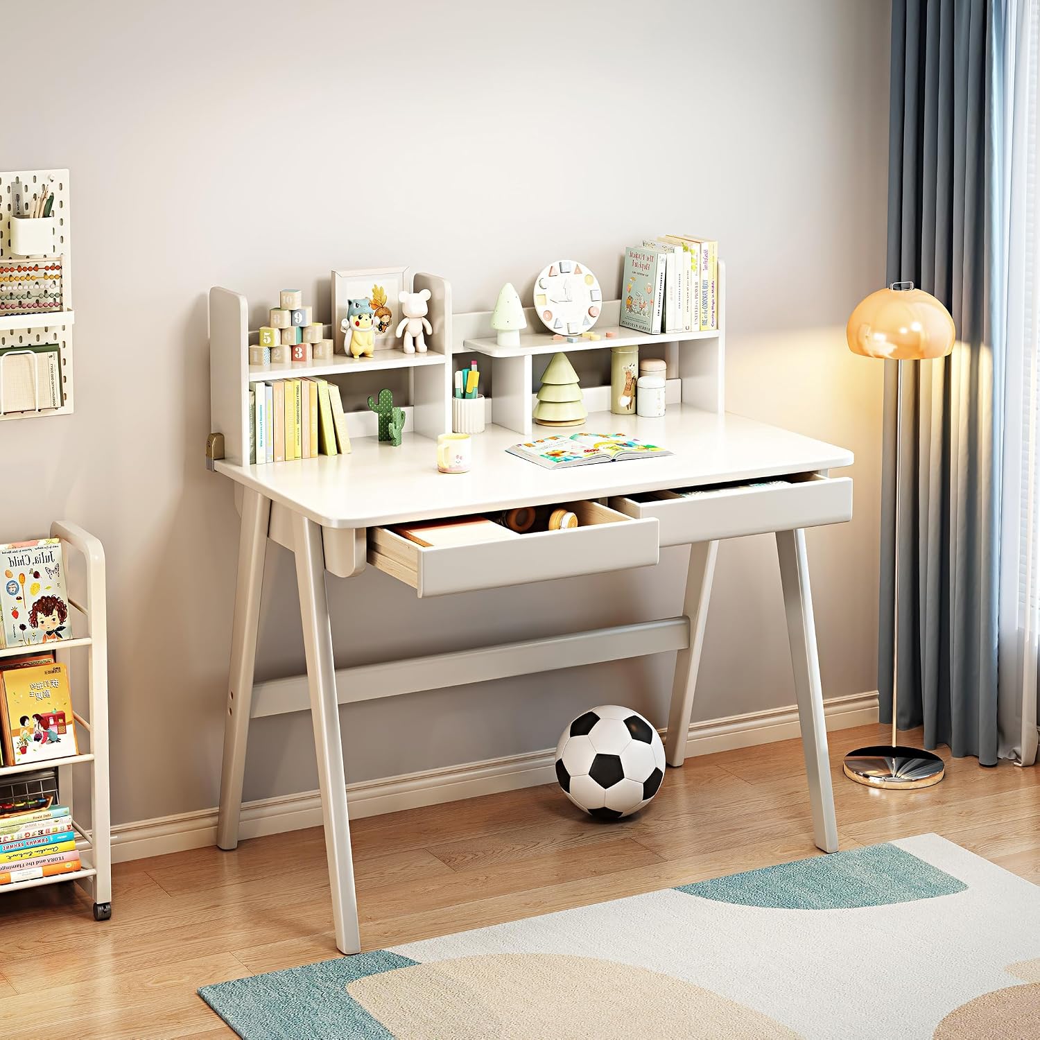 Kids Desk＆Table Rubber Wood Children's Study Desk with Bookshelf and Two Drawers for 3 Years and Above Student's Study Computer Workstation & Writing Table for Home Use(White