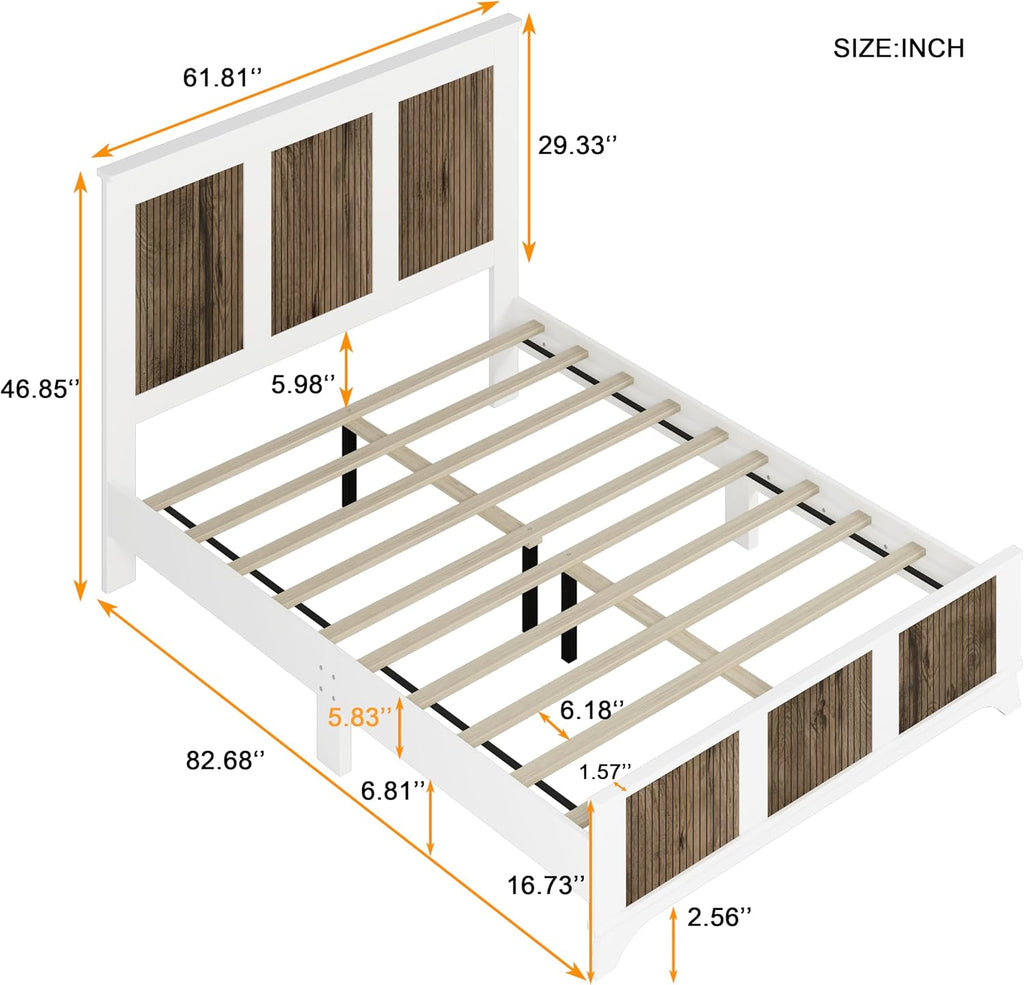JIVOIT Farmhouse Wooden Platform Bed, Queen Size Platform Bed with Wooden Strip Decoration Headboard and Footboard, Plywood Slats Support, No Box Spring Required (White,Queen,268)