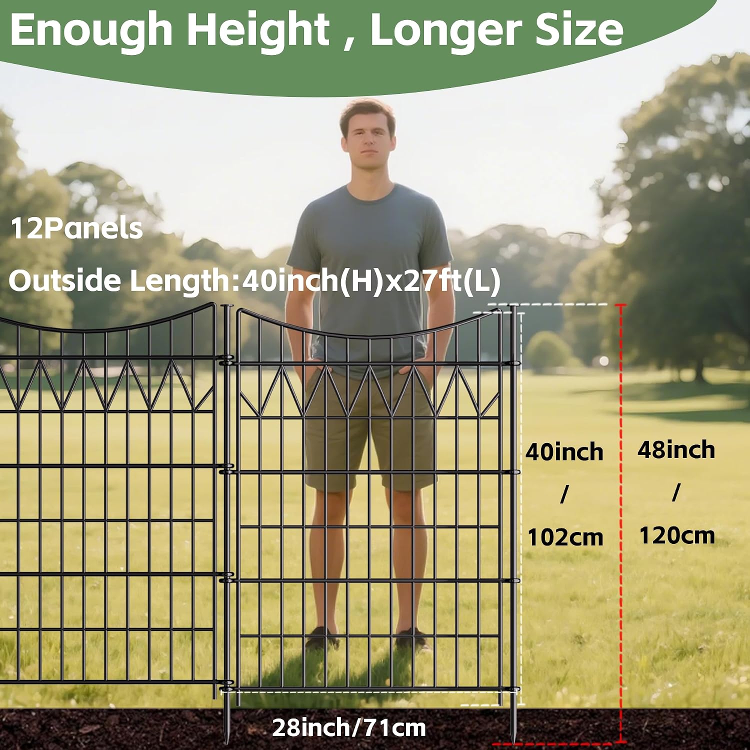 12 Panels No Dig Fence with gate, 40in(H)×27ft(L) Tall Garden Fence Animal Barrier | Rustproof Metal Decorative Fence Outdoor | Heavy Duty Reusable Defense Fence Panels for Yard, Patio, Black
