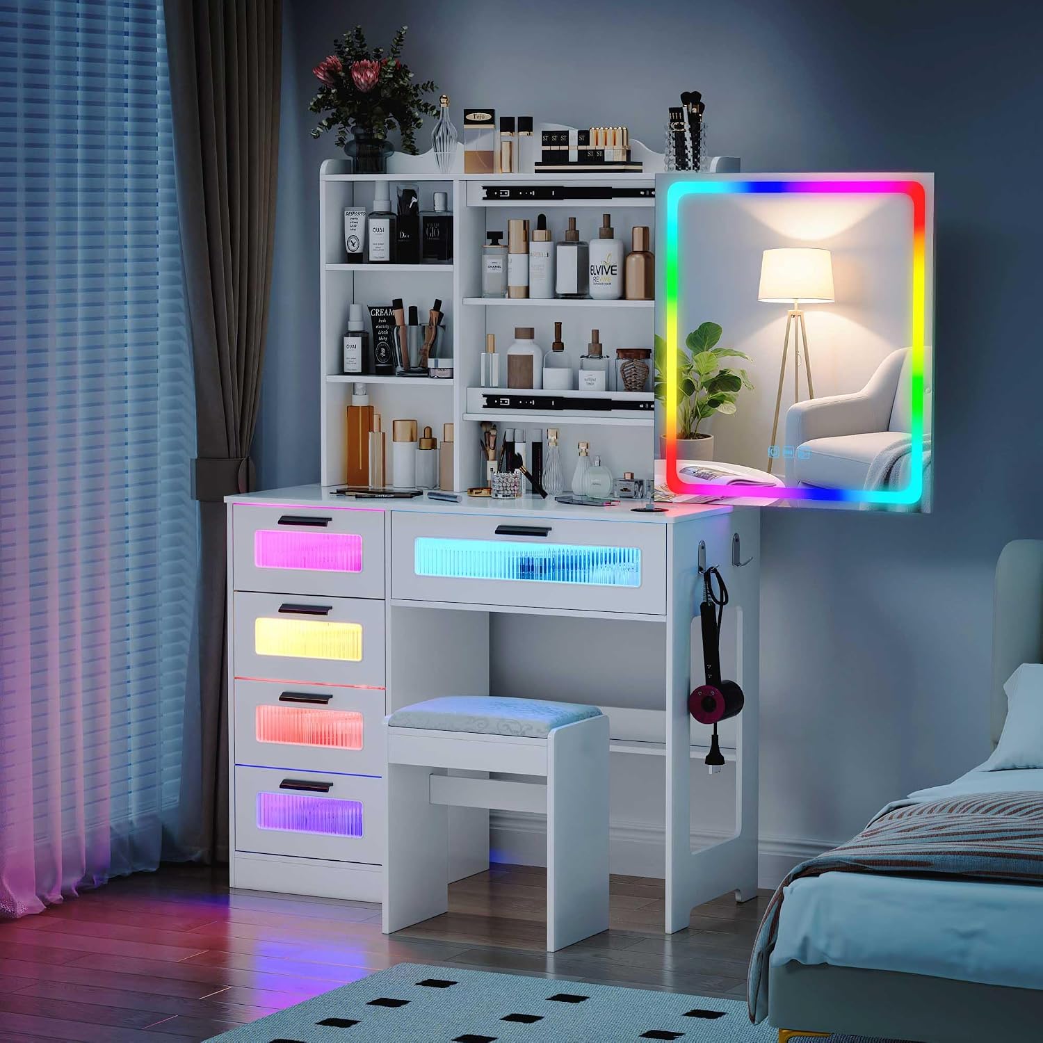 LED Vanity with Sliding Mirror, Smart Makeup Table with 5 Drawers 6 Shelves, Make Up Vanity Desk with Charging Station 14 Color Lighting Modes, Cushioned Stool, USB Type-C for Bedroom White
