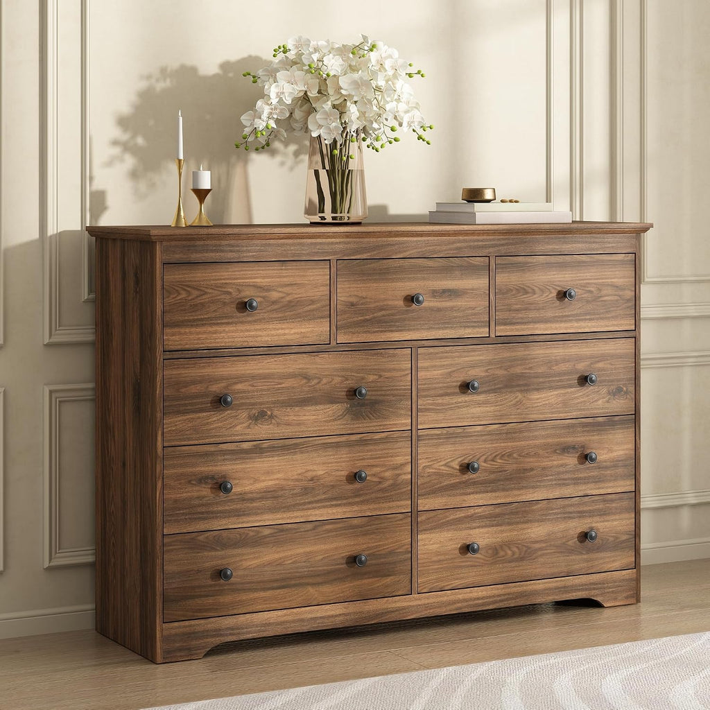 Dresser for Bedroom, 9 Drawer Dresser with Large Drawers, 55 Inch Wide Wood Chest for Living Room, Hallway, Walnut