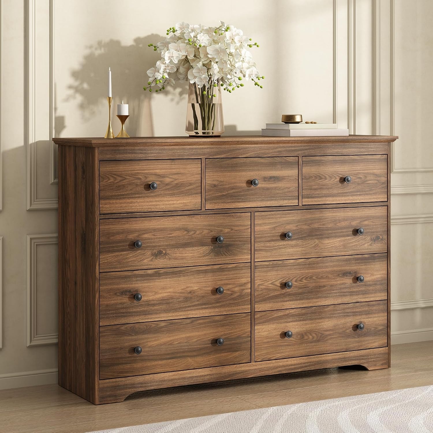 Dresser for Bedroom, 9 Drawer Dresser with Large Drawers, 55 Inch Wide Wood Chest for Living Room, Hallway, Walnut