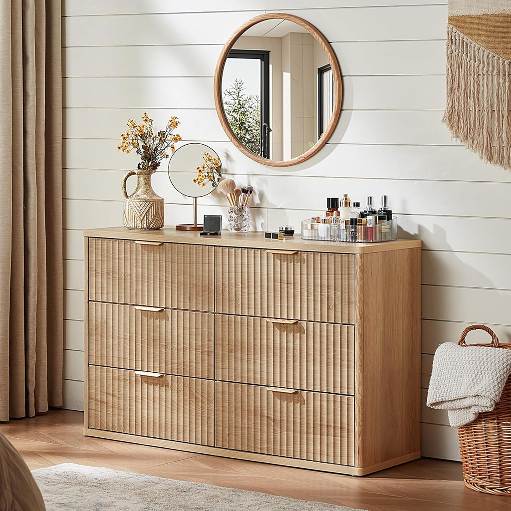 LEYAOYAO Fluted 6 Drawers Dresser for Bedroom, 48' Wide Modern Chest of Drawers with Metal Handle, Natural Curved Profile Farmhouse Closet Organizer Wood Dressers TV Stand for Living Room, Hallway