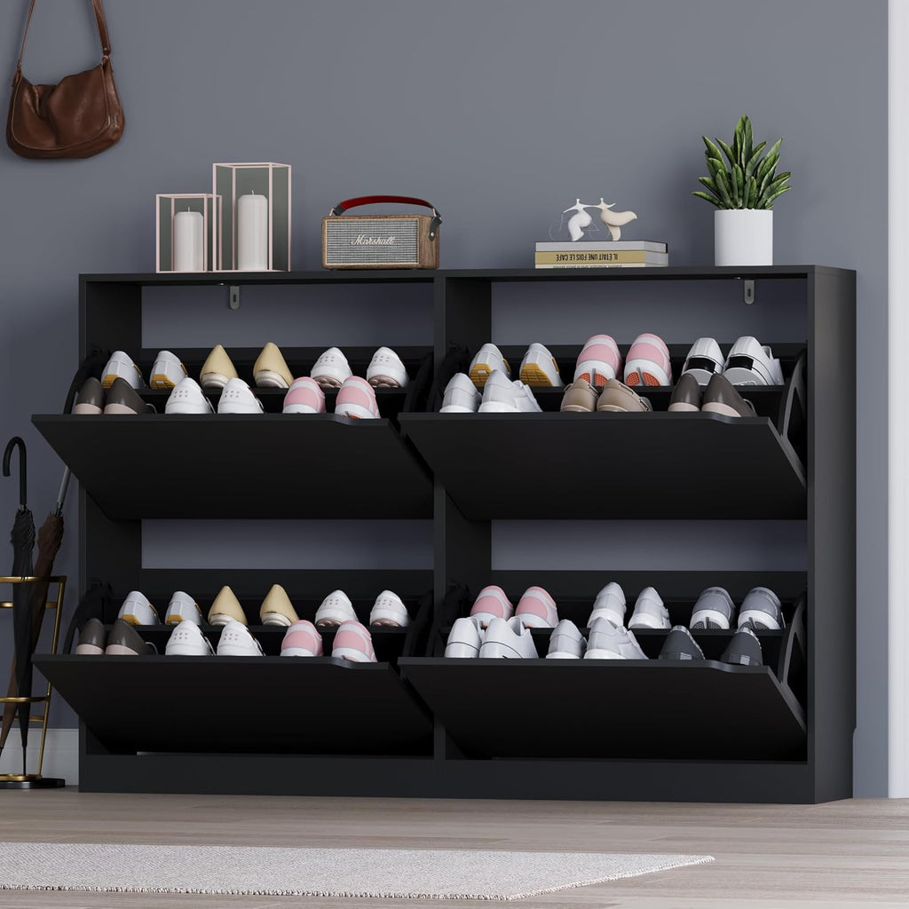 BORNOON Shoe Cabinet with 4 Flip Drawers, Narrow Hidden Shoe Storage Cabinet, Slim Freestanding Shoe Rack Organizer for Entryway, Hallway, Bedroom, Living Room