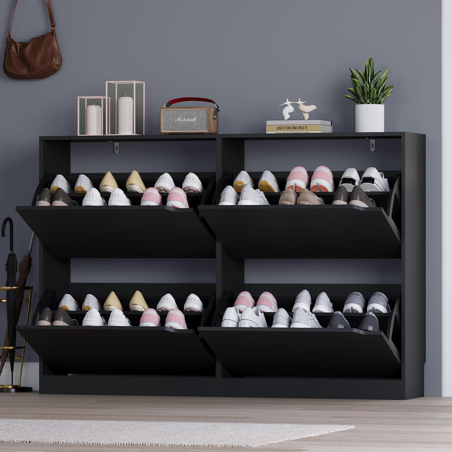 BORNOON Shoe Cabinet with 4 Flip Drawers, Narrow Hidden Shoe Storage Cabinet, Slim Freestanding Shoe Rack Organizer for Entryway, Hallway, Bedroom, Living Room