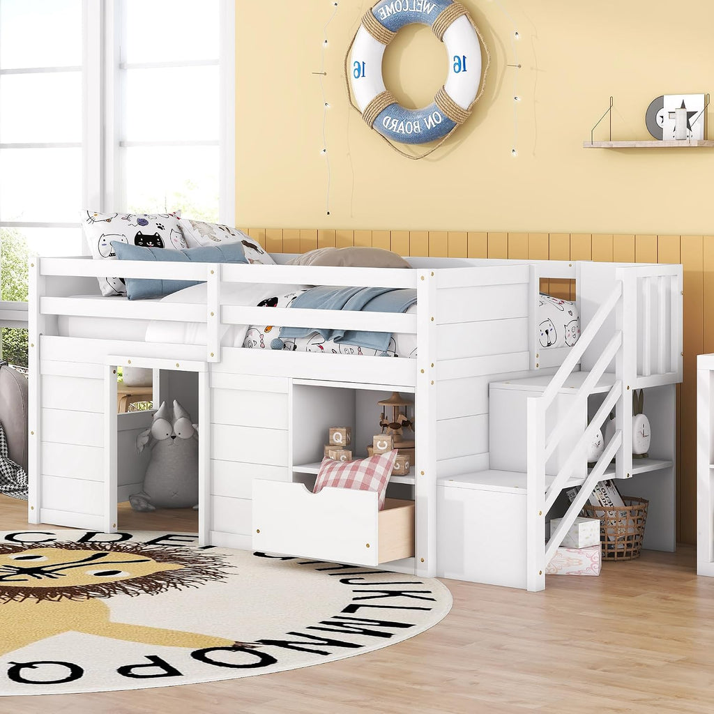 JIVOIT Twin Size Loft Bed with Bookshelf and Storage Drawer, Storage Staircase and Window Design, Wooden Low Loft Bed Frame with Full-Length Guardrail for Kids Teens (White, Bookshelf+Drawer 7)