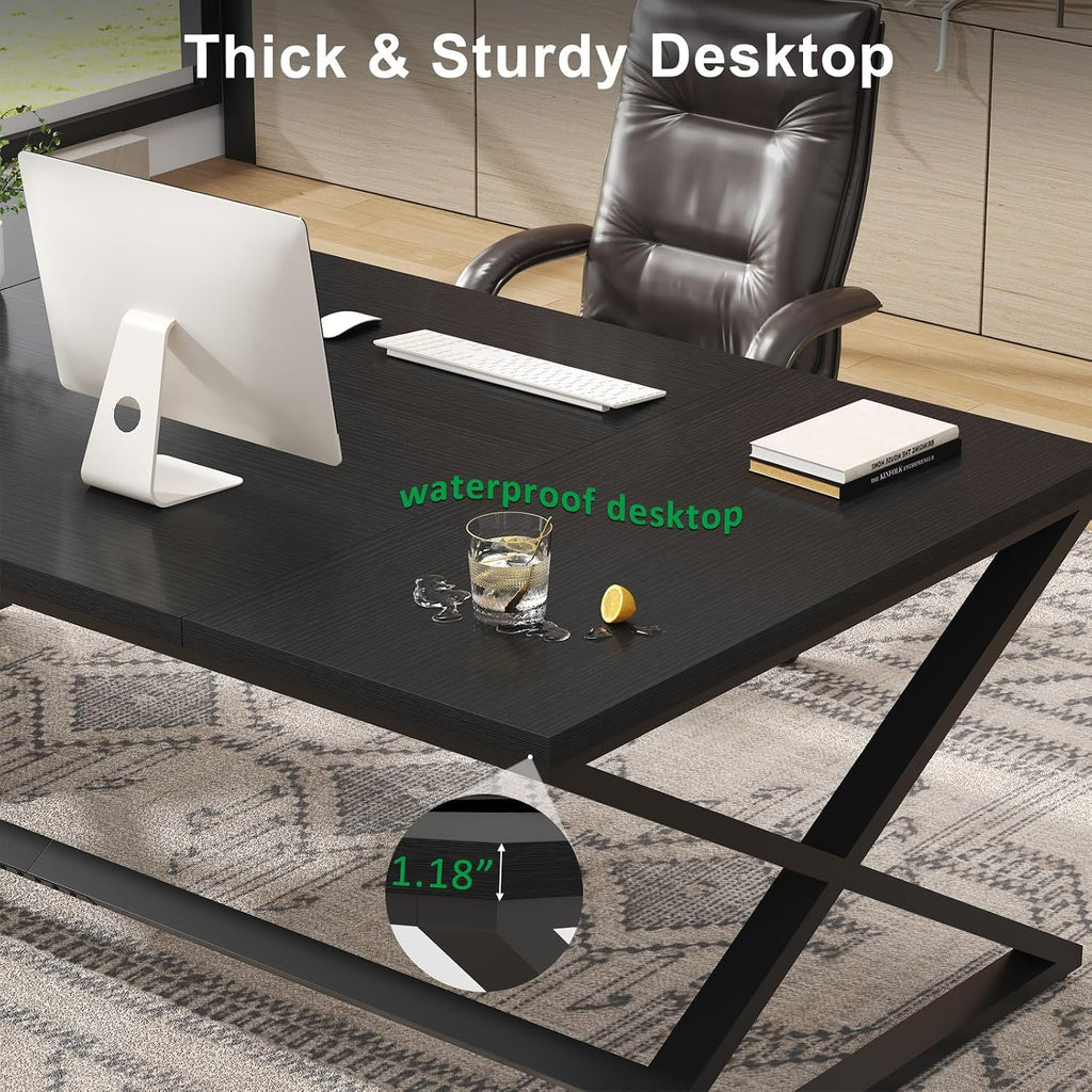 IBF Black Desk, Large Home Office Work Desk, 78.7' Long Computer Desks, Simple Wide Study Writing Desk, Wood Metal Double PC Executive Workstation Gaming Desk Computer Table for Bedroom, Black Oak