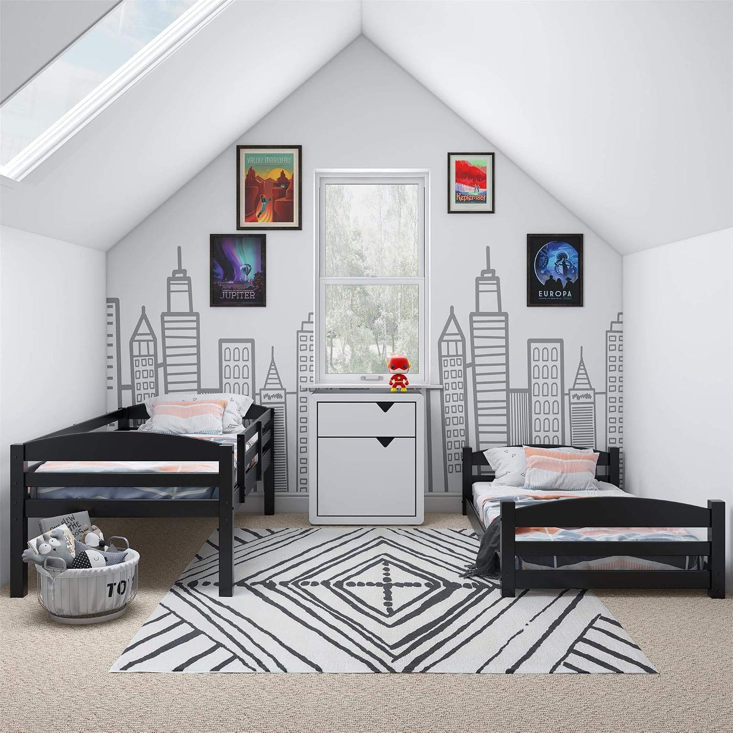 DHP Phoenix Twin Bunk Bed with Ladder, Black, Space-Saving Design, Solid Wood Construction