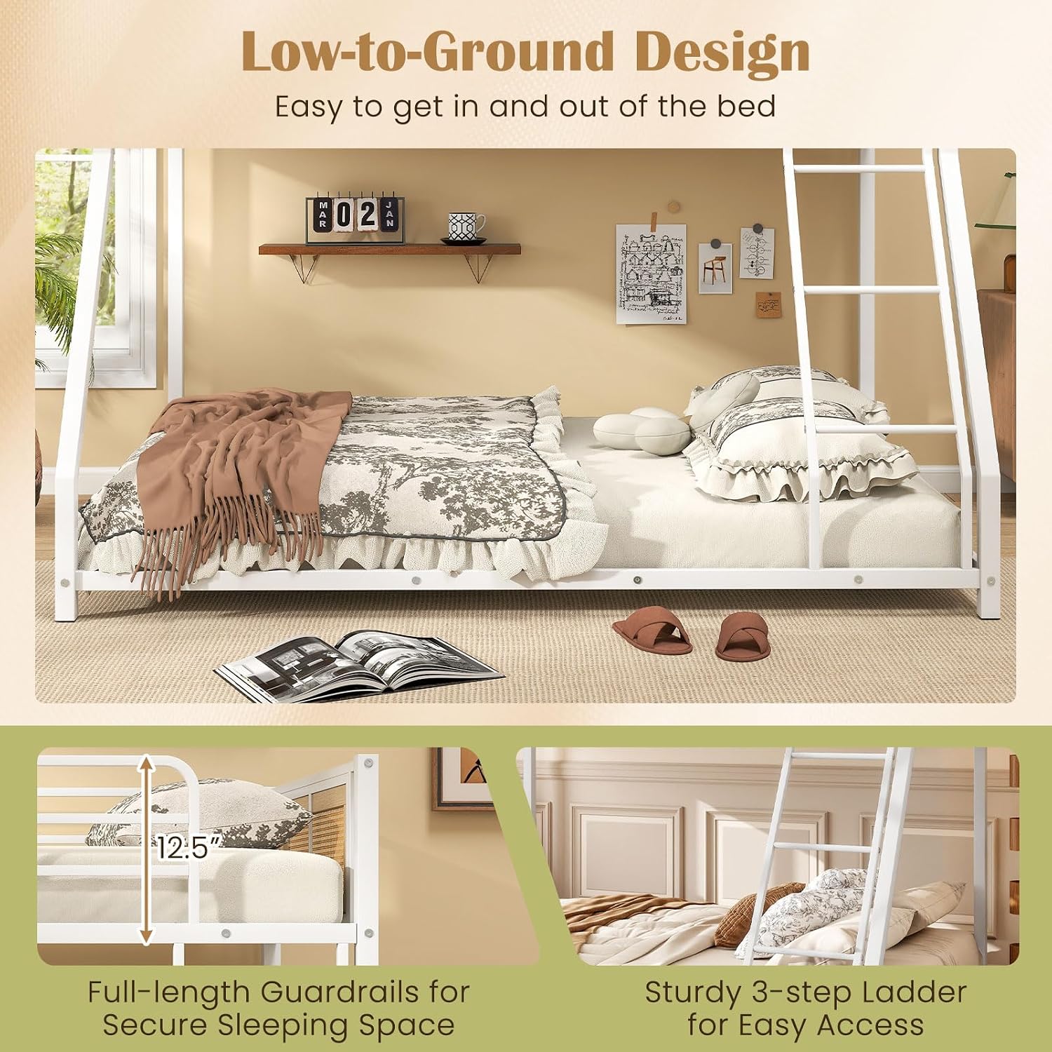 Giantex Twin Over Full Metal Bunk Bed, Boho Rattan Floor Bunkbeds with Ladder & Full-length Guardrails, Heavy Duty Metal Slats Support Bed Frame for Teens, Adults, Guests, No Box Spring Needed (White)