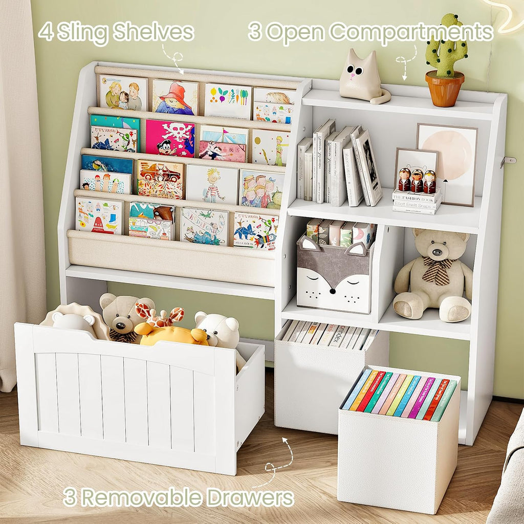 CHOEZON Kids Bookshelf, Children's Bookcase with 4 Sling Book Shelves, Toy Storage Cubby, Fabric Storage Baskets, Wooden Book Shelf for Kids' Room, Playroom, Nursery, Living Rooms, White MCW17WB