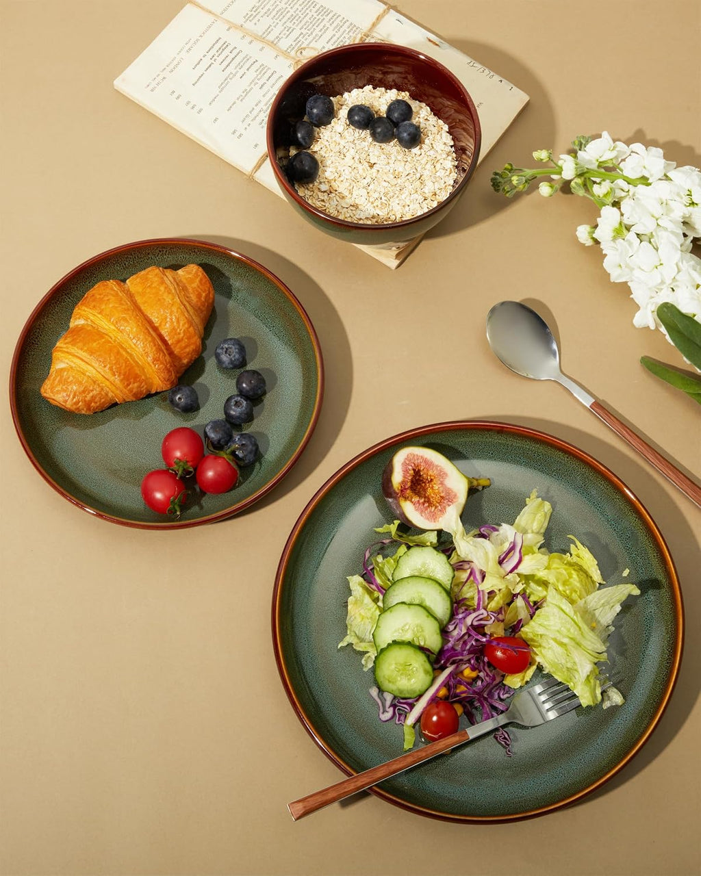Pokini Stoneware Dinnerware Sets for 6, Microwave Safe Plate and Bowl Set, Easy to Clean & Durable Dishes Sets for Small to Medium Families, Sage Green