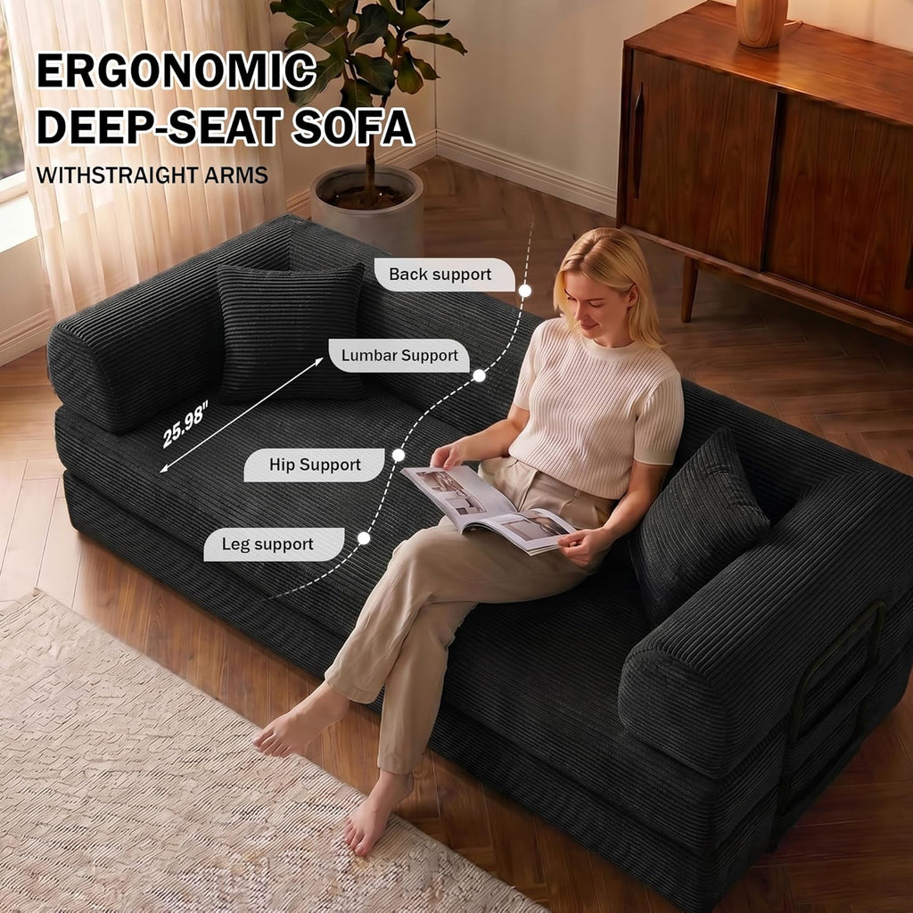 79'' Convertible Sofa Bed, 5-in-1 Folding Sleeper Couch with Pull Out Bed, Corduroy Modular Floor Sofa for Living Room Apartment Dorm, No Assembly Space Saver (Black)
