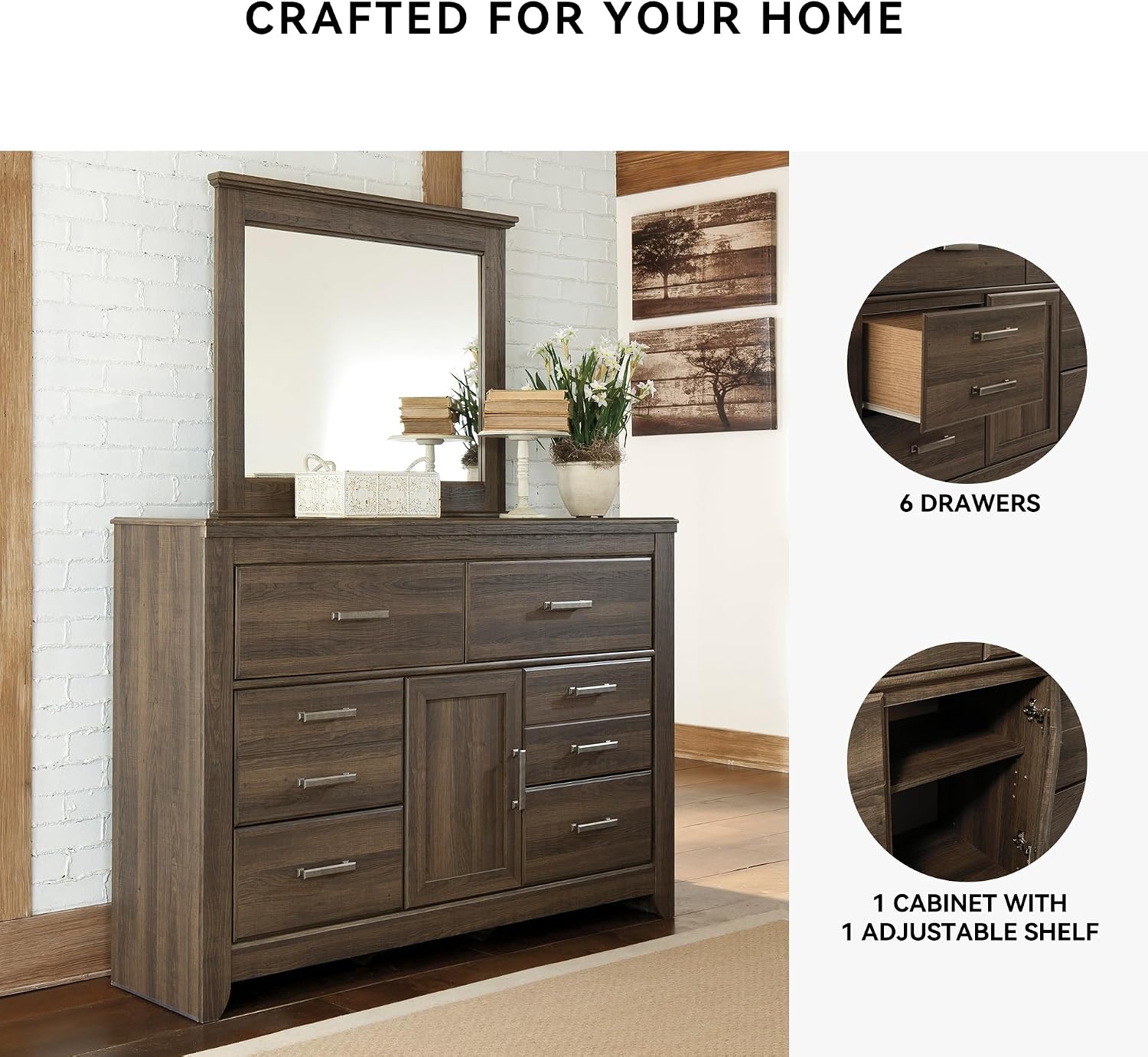 Signature Design by Ashley Juararo Vintage Smooth-Gliding 6-Drawer Dresser and Mirror with Safety Stop, Cabinet and Adjustable Shelf, Dark Brown