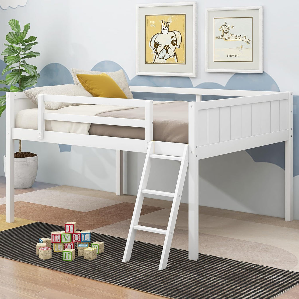 Full Size Loft Bed, Wood Loft Bed with Convertible Ladder, Ladder can be Placed on the Left or Right, Low Loft Bed with Full-Length Guardrails, No Box Spring Required (White,Full & Convertible Ladder)