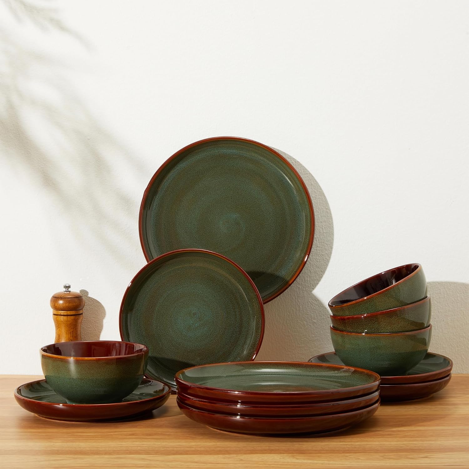 Pokini Stoneware Dinnerware Sets for 6, Microwave Safe Plate and Bowl Set, Easy to Clean & Durable Dishes Sets for Small to Medium Families, Sage Green