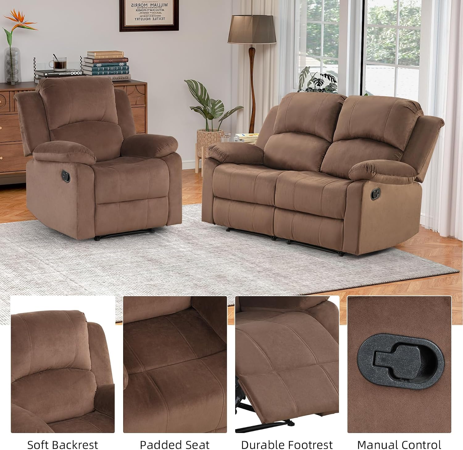 EBELLO Manual Reclining Couch Set for Living Room, Include 1 Recliner Chair, 1 Loveseat Sofa, Recliner Sofa Furniture Set for Home and Office, Brown
