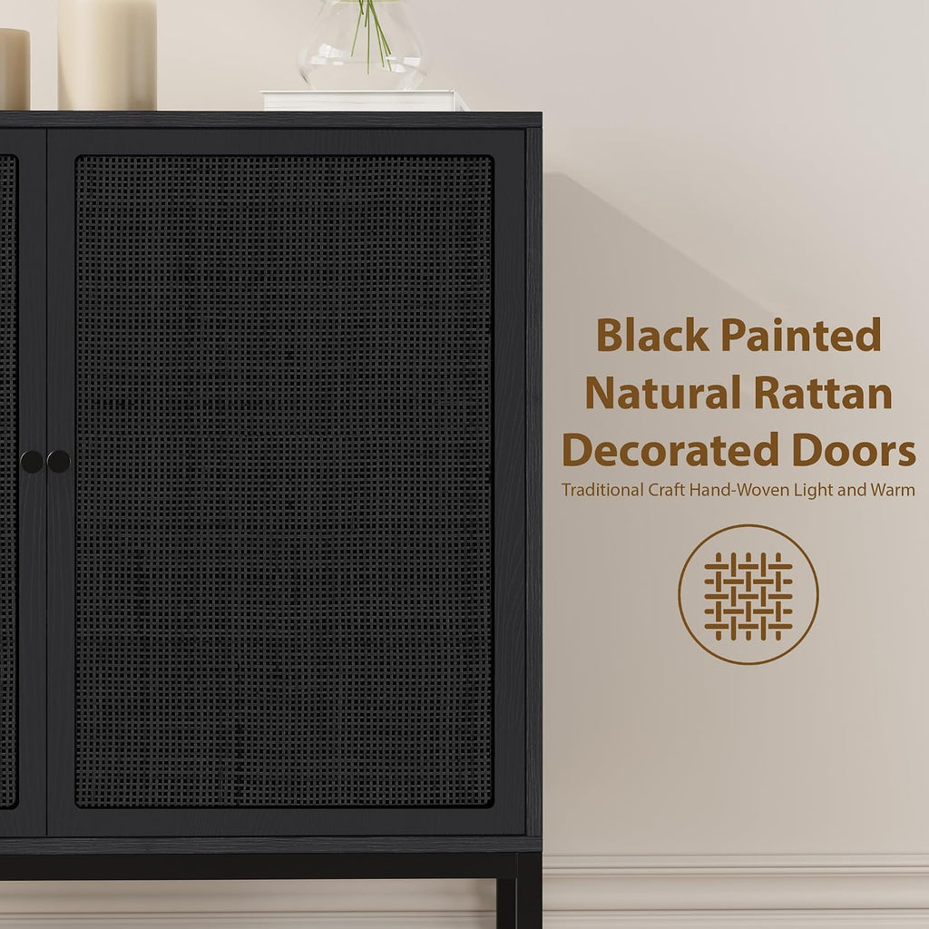 Yechen Full Black Sideboard Buffet Cabinet with Painted Natural Rattan Doors, Boho Rattan Cabinet, Accent Credenza Liquor Cabinet, for Living Room Entryway Kitchen, Metal Legs