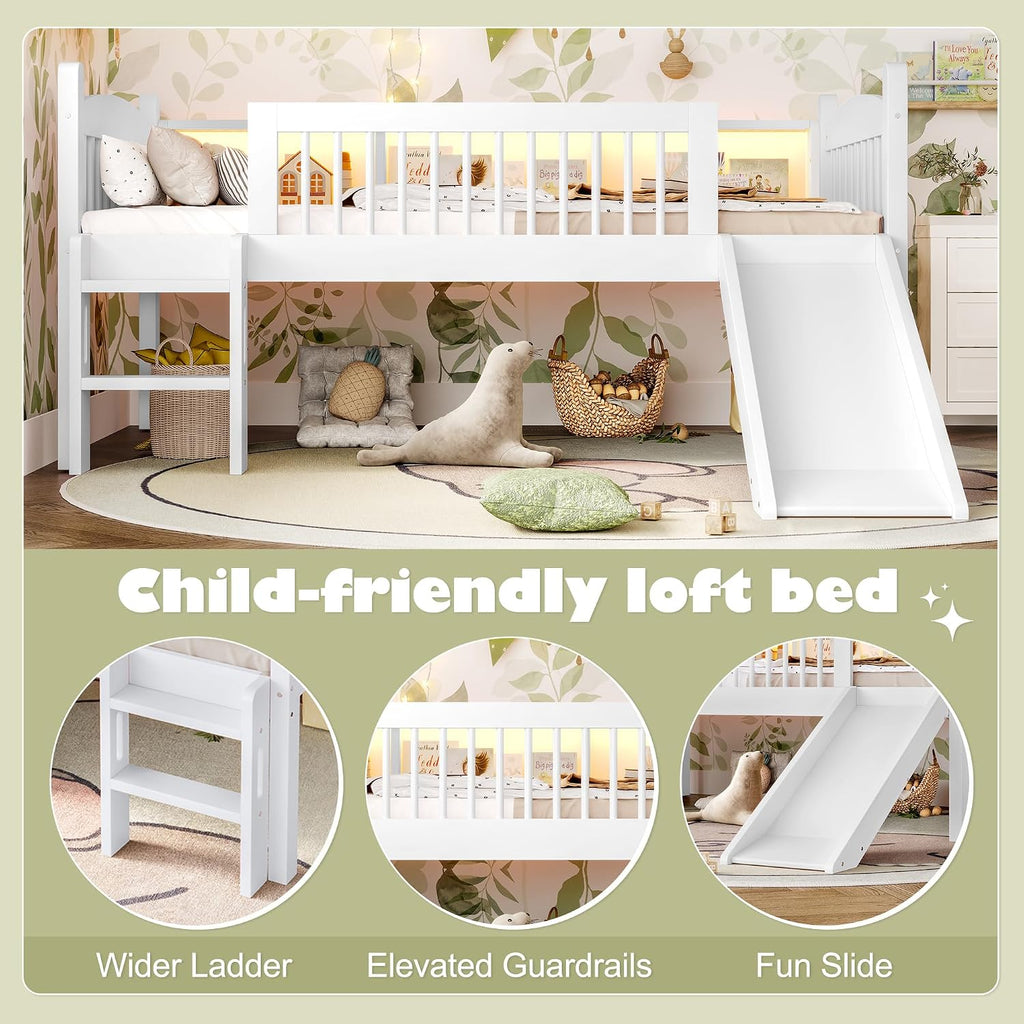 JIVOIT Twin XL Loft Bed with Storage Shelves, Solid Wood Lower Loft Bed with Full-Length Guardrails, Wood Slats Support, Space-Saving Design, No Box Spring Needed (White,Twin XL,51)