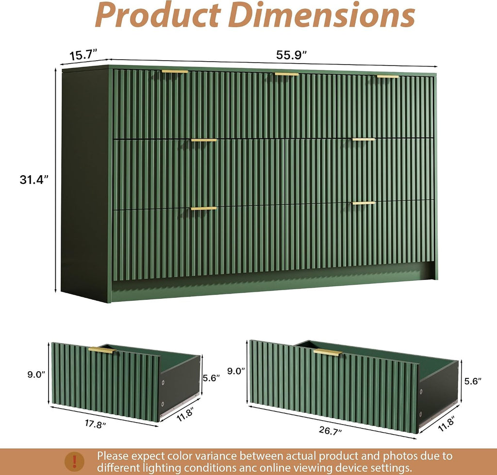MAISONARIA Green 7 Drawer Dresser for Bedroom, 55.9' Wide Modern Fluted Dresser with Gold Metal Handles, Wide Chest of Drawers for Bedroom, Living Room, Entryway, Hallway