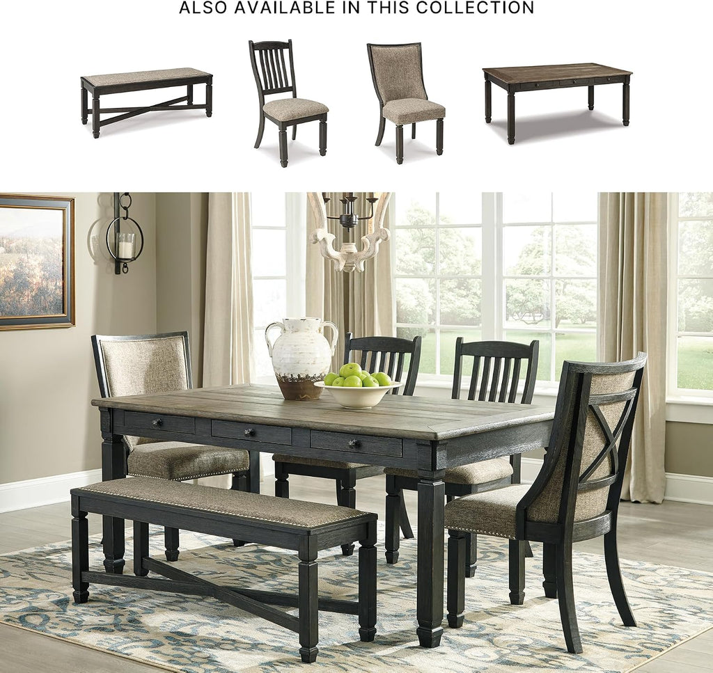 Signature Design by Ashley Tyler Creek Farmhouse Upholstered Dining Room Bench with Tapered Legs, Heavy Woven Fabric, Wood, 19.5' High Seat, Black & Gray