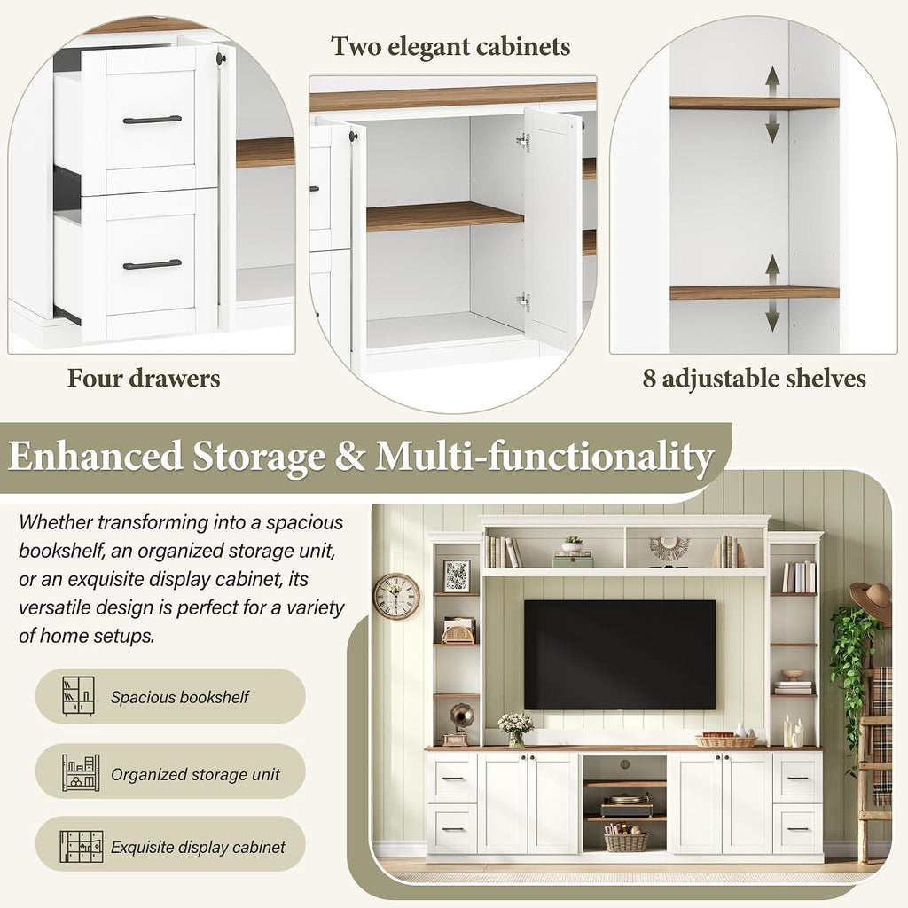 4-Piece Entertainment Center Wall Unit for TVs up to 70', Large TV Stand with Bookcase, 6 Drawers & Adjustable Shelves, Elegant Large Wall Media Console Unit for Living Room, White