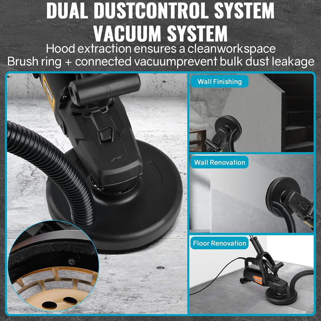 Concrete Grinder Set with Long Handle & Dust Extraction Shround, 7 Inch 3800W 6000RPM Concrete Floor Grinder Concrete Surface Planer 6 Gears & Auxiliary Wheels for Grinding Concrete Cement Marble