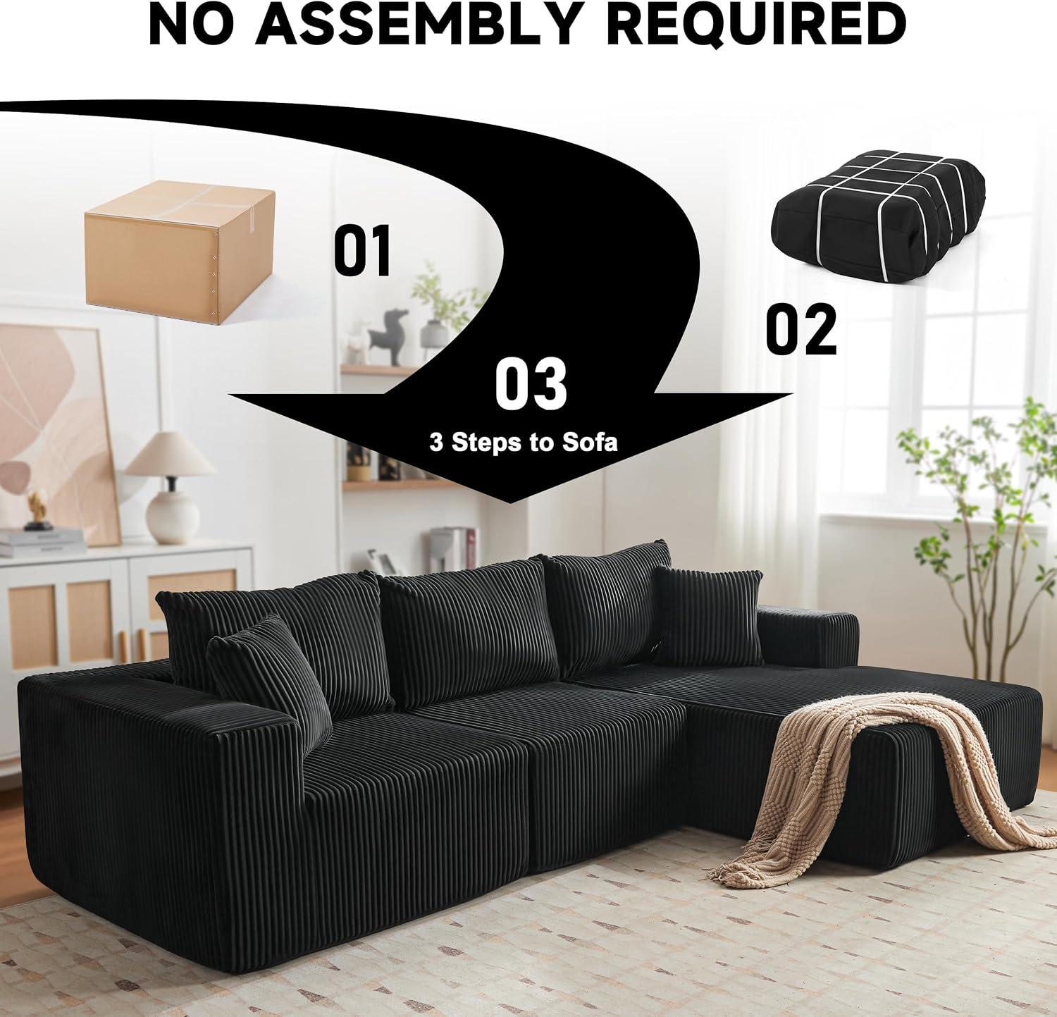 HUATEAN 108' Modular Sectional Sofa, Cloud Sectional Couch with Deep Seat, Modern Modular L-Shape Sofa Couch with Chaise,Upholstered Couches for Living Room Bedroom (Corduroy,Black)