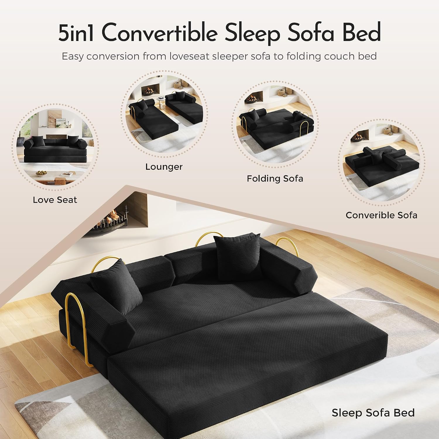 79'' Convertible Sofa Bed, 5-in-1 Folding Sleeper Couch with Pull Out Bed, Corduroy Modular Floor Sofa, No Assembly Space Saving Guest Bed for Living Room Apartment Bedroom (Black)