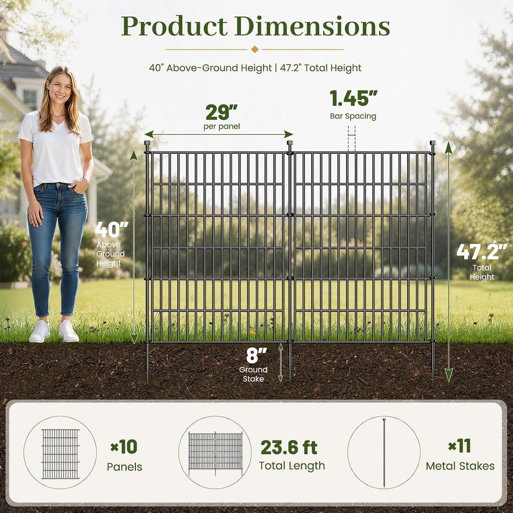 No-Dig Decorative Outdoor Garden Fence for Yard, Animal Barrier Fencing for Dog | Rustproof Metal Temporary Fence for Patio, Pet and Flower Bed | 40in (H) x 23.6ft(L), 10 Panels