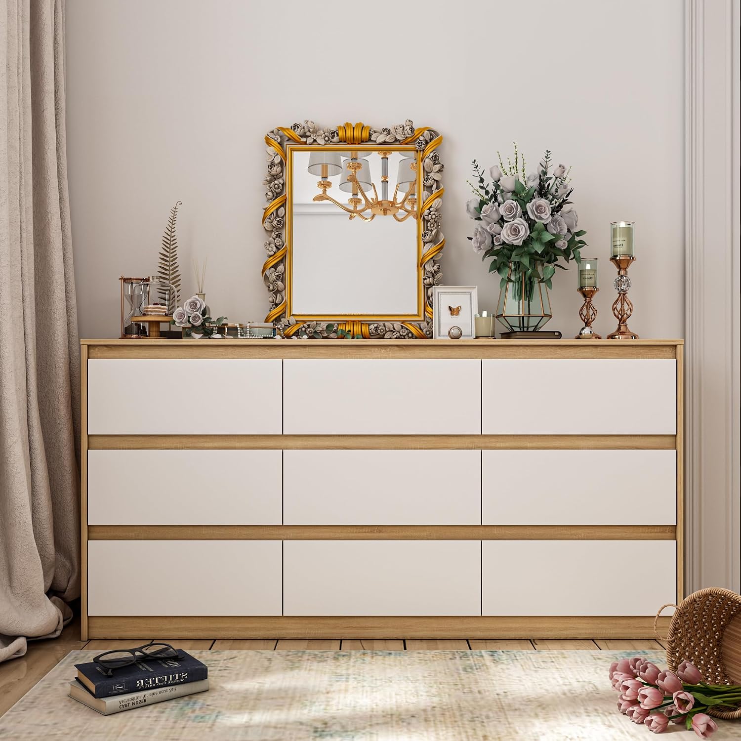 9 Drawer Dresser for Bedroom with Deep Drawers, Large Floor Wood Dressers & Chest of Drawers Handle Free, Modern Long Dressers for Closet Living Room, Wood Color (63' W x 15.7' D x 31.5' H)