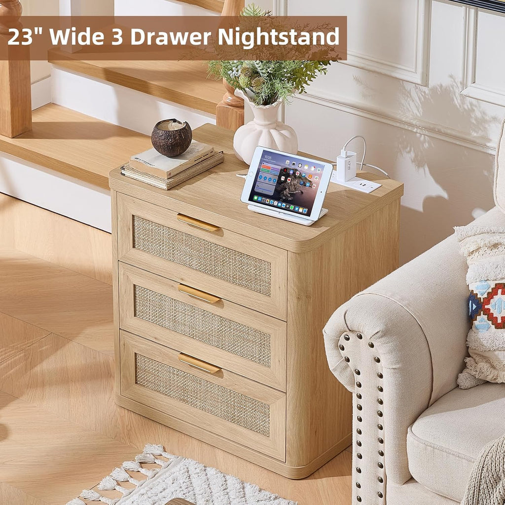 LEYAOYAO Rattan Night Stand with Charger Station, 23' Large 3 Drawer Boho Nightstand, Natural Wood Bedside Table Storage Cabinet, Bed Side End Tables for Bedroom, Living Room, Hallway