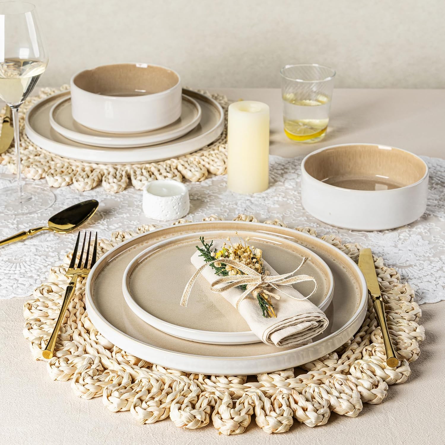 AmorArc Ceramic Dinnerware Sets, Handmade Reactive Glaze Stoneware Plates and Bowls Sets,Highly Chip and Crack Resistant | Dishwasher & Microwave Safe Dishes Set, Service for 8 (24pc)