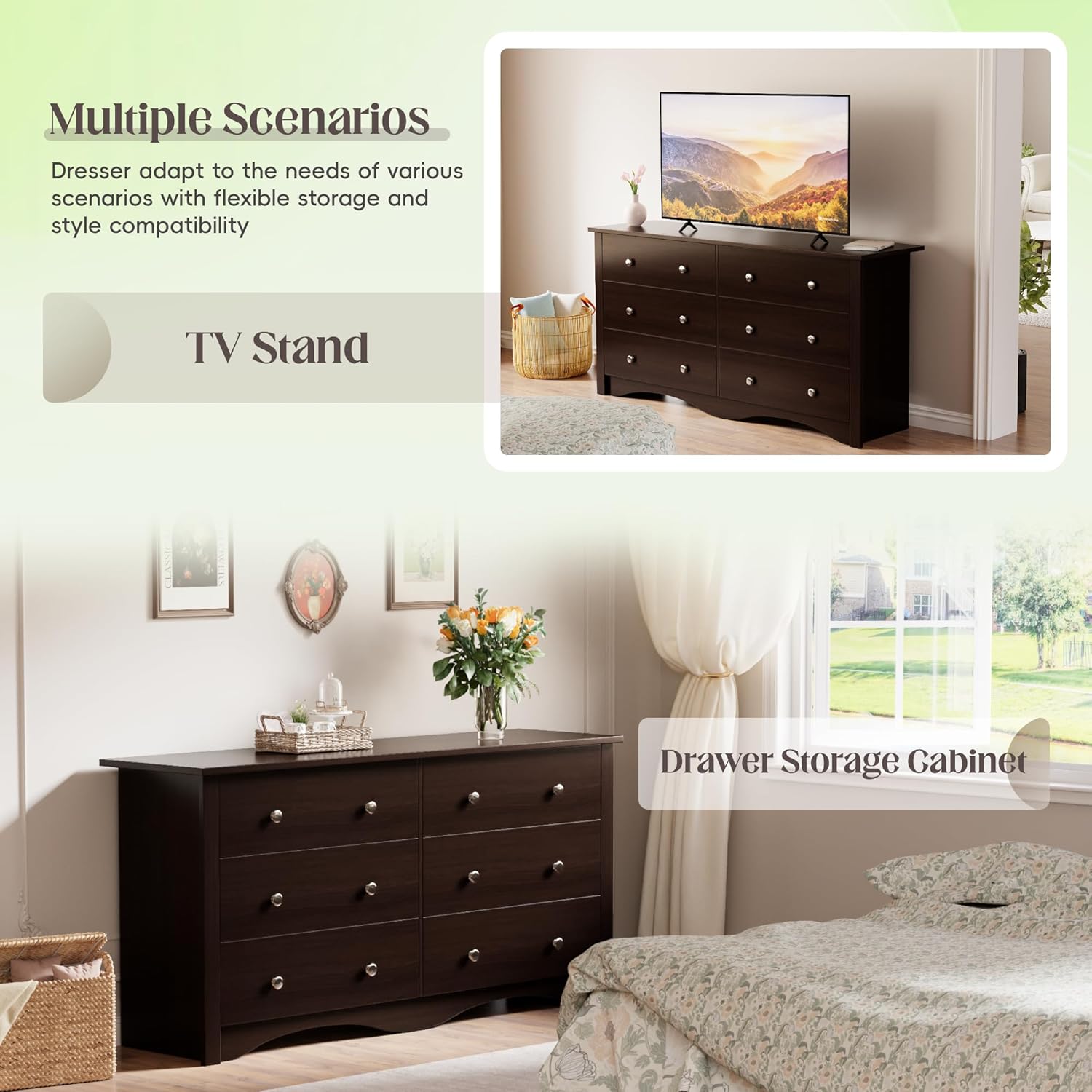 JUMMICO Dresser for Bedroom, 6 Wood Dresser Drawers, Wide Chest of Drawers, Storage Tower Unit, Modern Design for Bedroom, Living Room, Hallway, Entryway (Dark Brown)