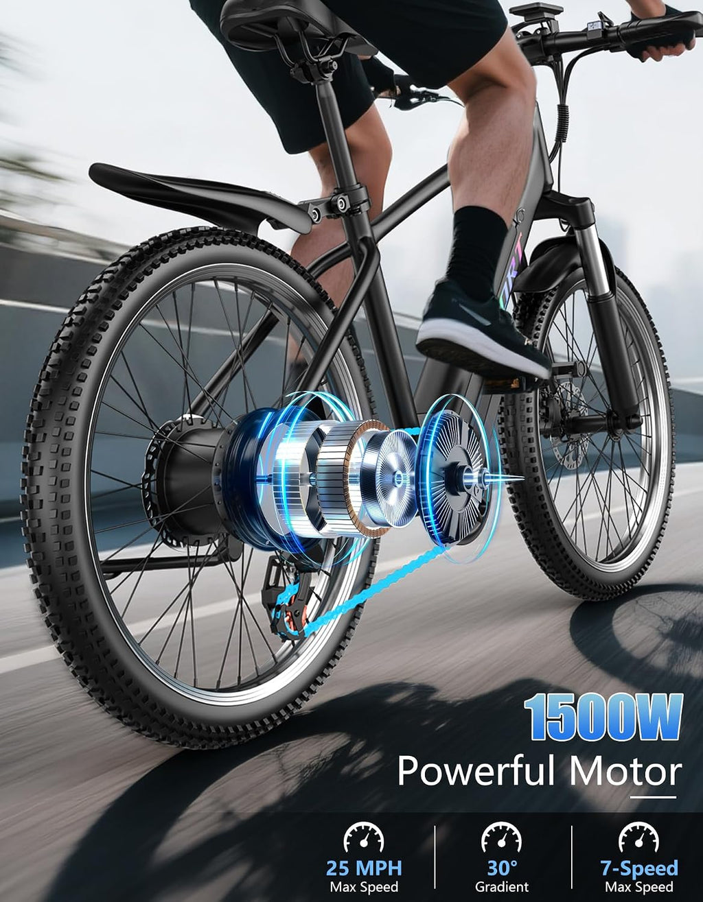 Electric Bike for Adults, 1500W Peak E-bike with 48V 12Ah Removable Battery, 26' Tires Electric Mountain Bike, Up to 65 Miles 25MPH, 7-Speed Ebike, Electric Bicycle for Commute, Front Fork Suspension