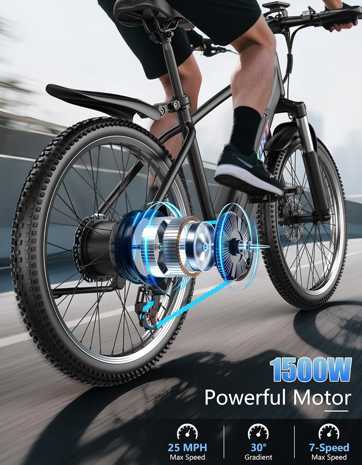 Electric Bike for Adults, 1500W Peak E-bike with 48V 12Ah Removable Battery, 26' Tires Electric Mountain Bike, Up to 65 Miles 25MPH, 7-Speed Ebike, Electric Bicycle for Commute, Front Fork Suspension