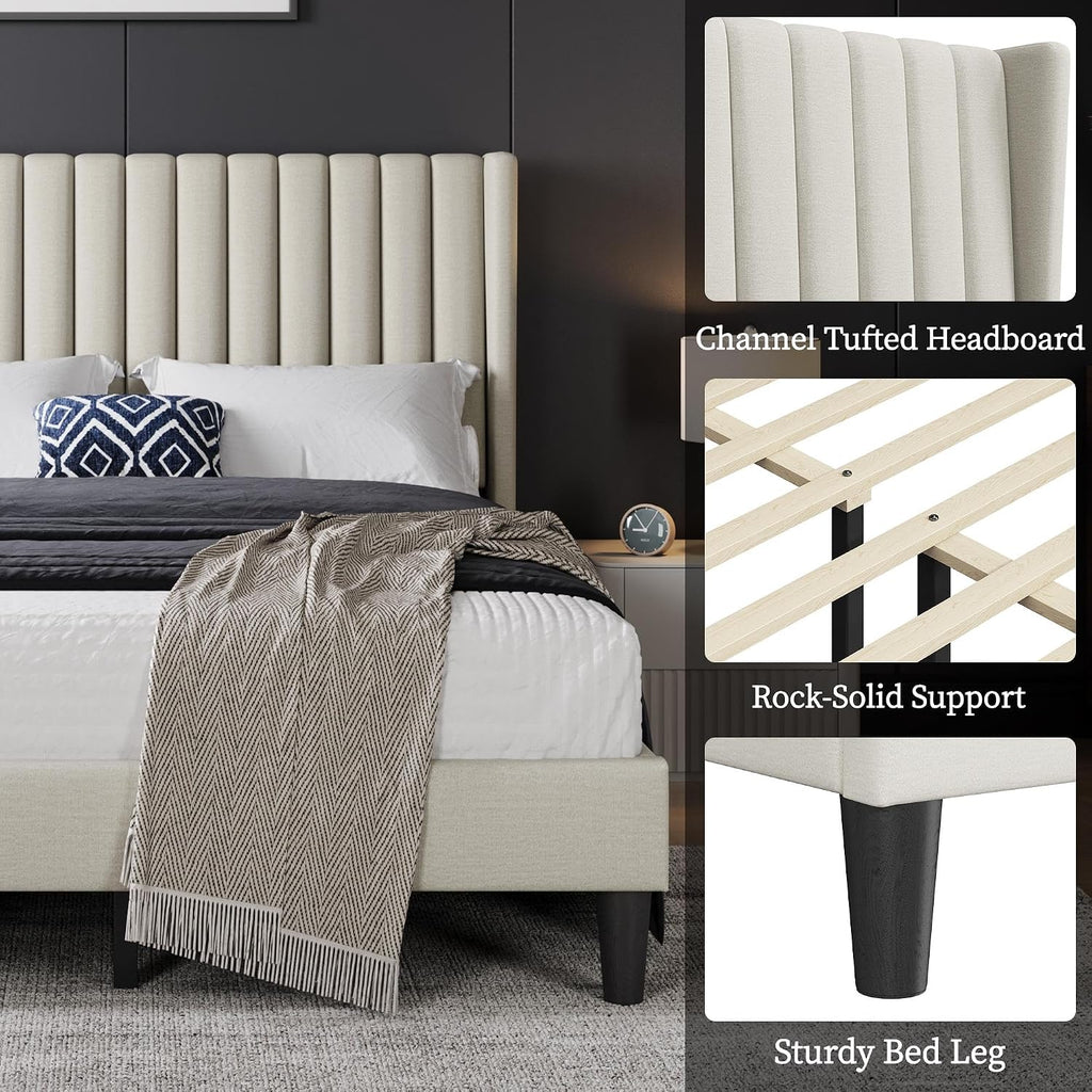 Yaheetech Full Bed Frame Upholstered Platform Bed with Fabric Headboard, Wing Edge Design/Non-Slip and Noise-Free/Wooden Slats Support/No Box Spring Needed/Easy Assembly, Ivory Full Bed