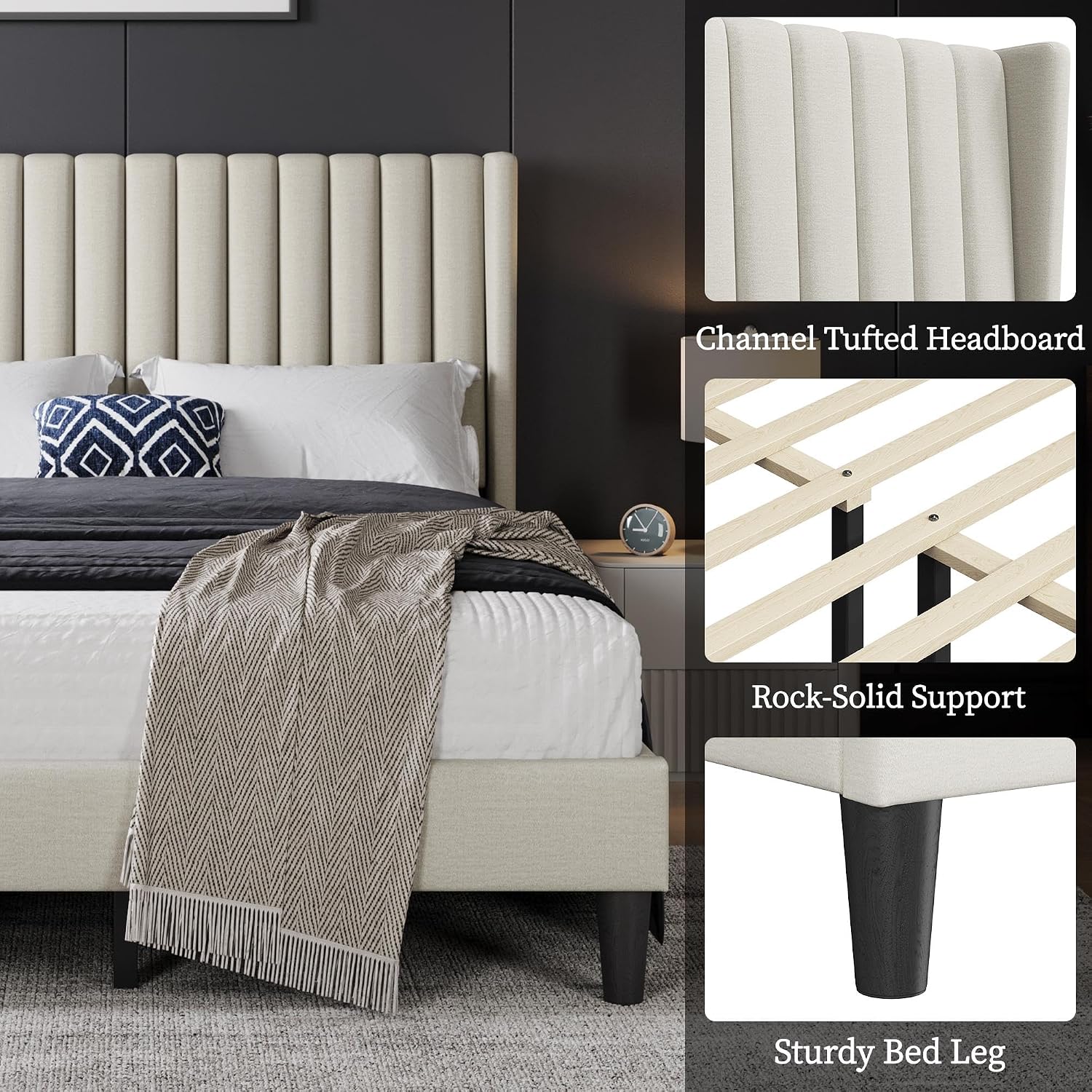 Yaheetech Full Bed Frame Upholstered Platform Bed with Fabric Headboard, Wing Edge Design/Non-Slip and Noise-Free/Wooden Slats Support/No Box Spring Needed/Easy Assembly, Ivory Full Bed