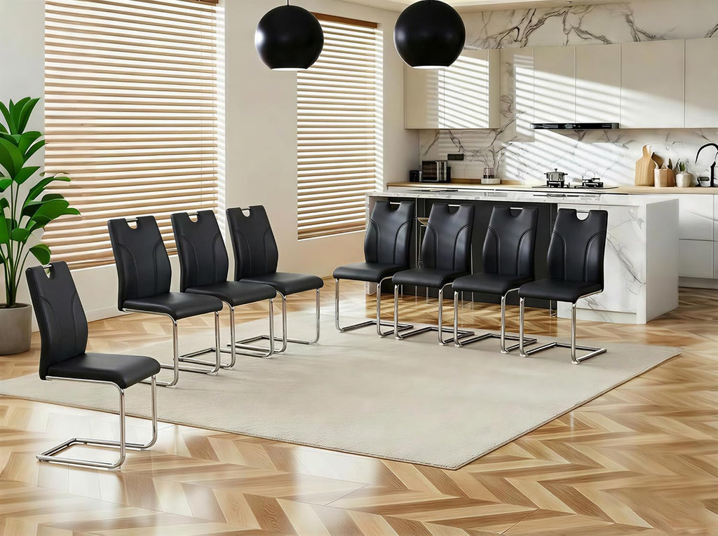 Dining Chairs Set of 8 Modern PU Kitchen Chairs with High Back,Soft Cushion Chrome Metal Legs for Dining Room,Living Room, Bedroom (Black+Silver, Set of 8)