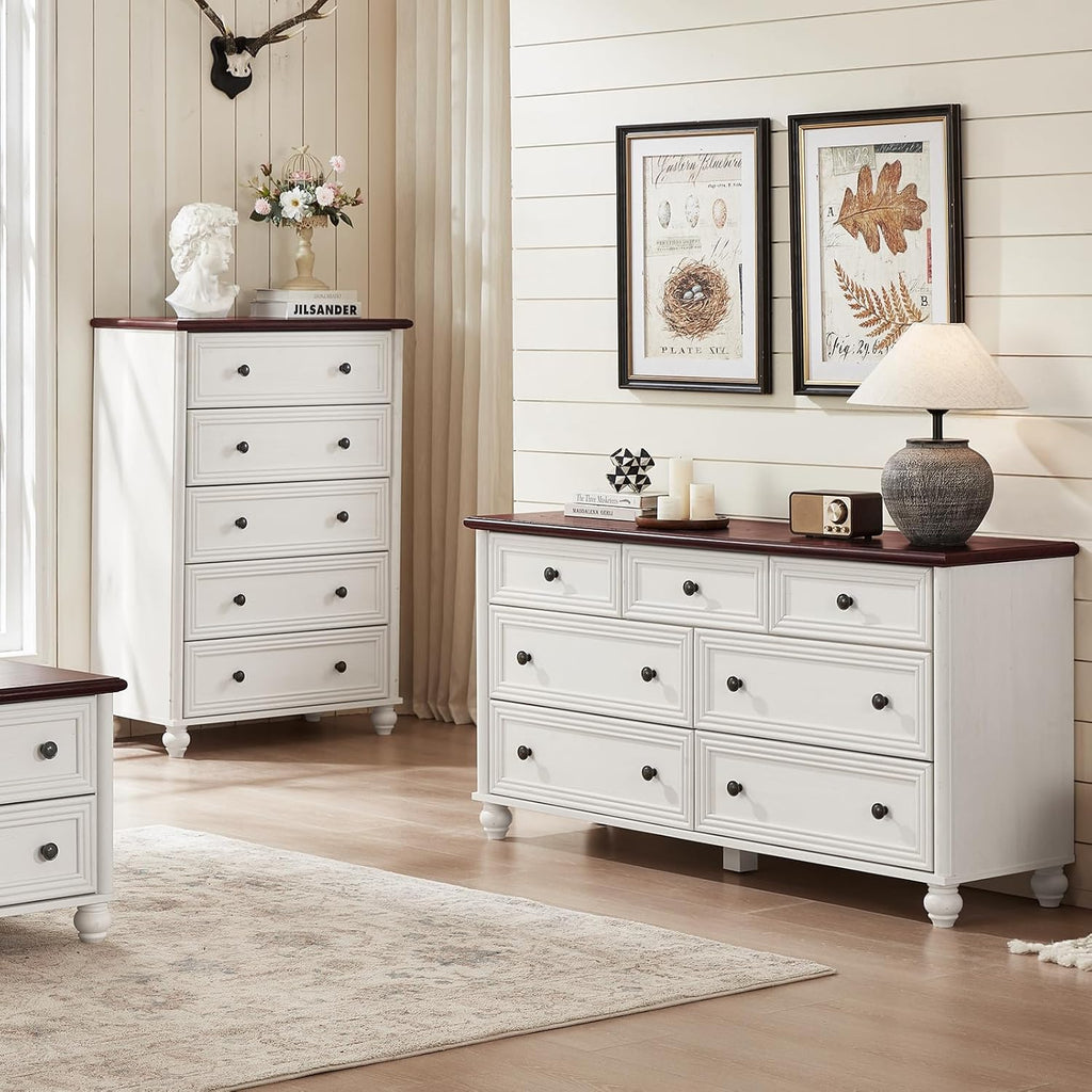 RWYHG Farmhouse Dresser and Nightstand Sets 4 Piece, Wooden 7 Drawers Dresser & 43.5' Tall Chest of Drawers, 18' Roman Column Nightstand Set of 2, Furniture Dressers for Bedroom, Living Room