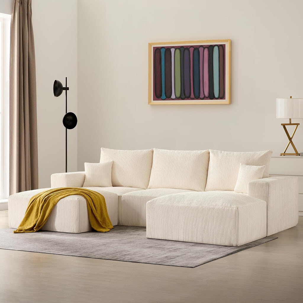 40' Oversized Large Square Corduroy Ottoman Pouf - Poofy Plush Foot Rest with Foam Chunk Filling, Movable Floor Pouf Footstool & Ottoman Coffee Table for Living Room Couch Bedroom, Beige (2 Pieces)