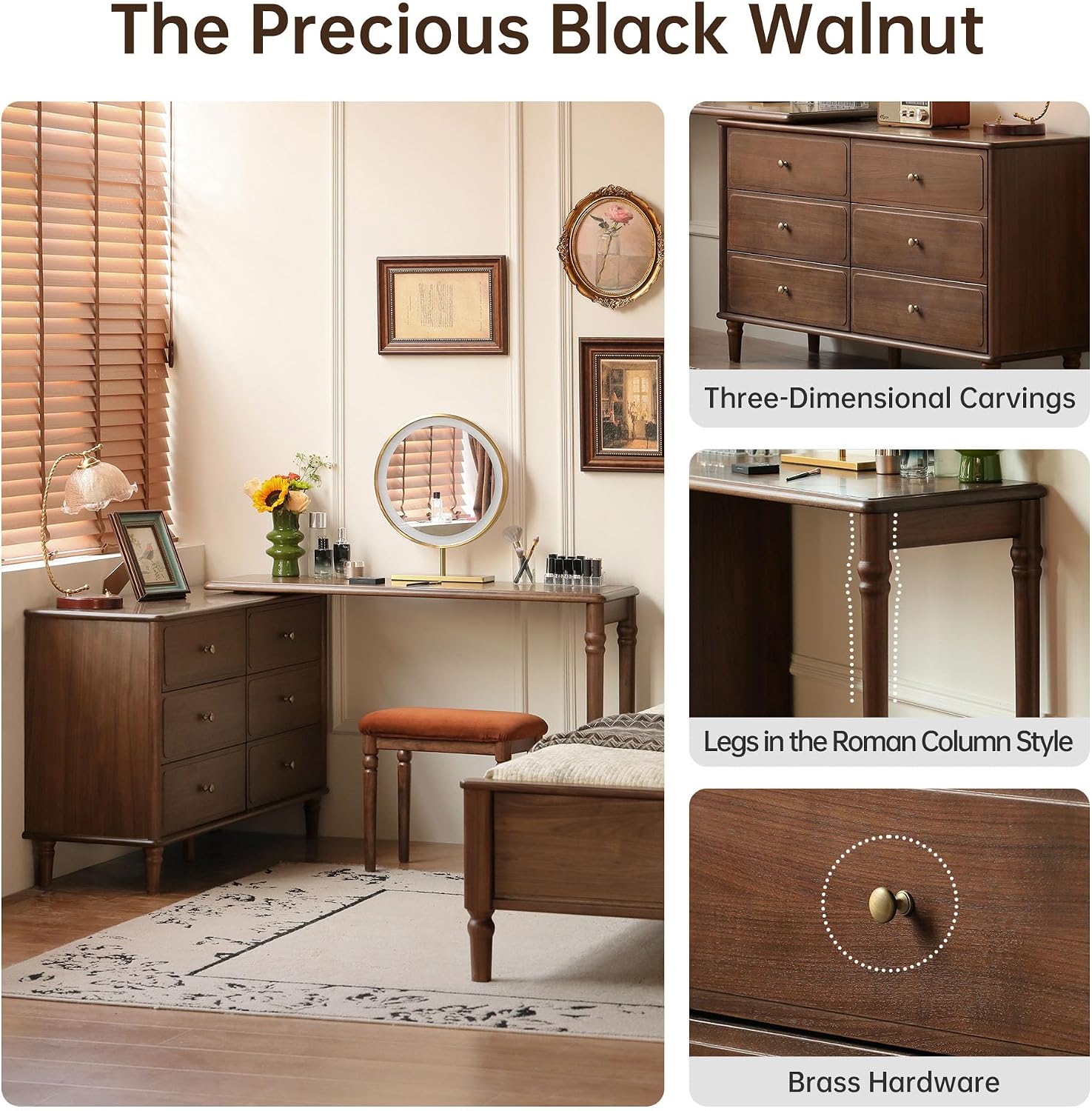 YESWOOD Large Vanity Desk with 6 Storage Dresser, North America Black Walnut Wood Adjustale Makeup Table for Girls, Vanity Set for Bedroom, Bathroom, 97' D x 16' W x 31' H（no Chair no Mirror）
