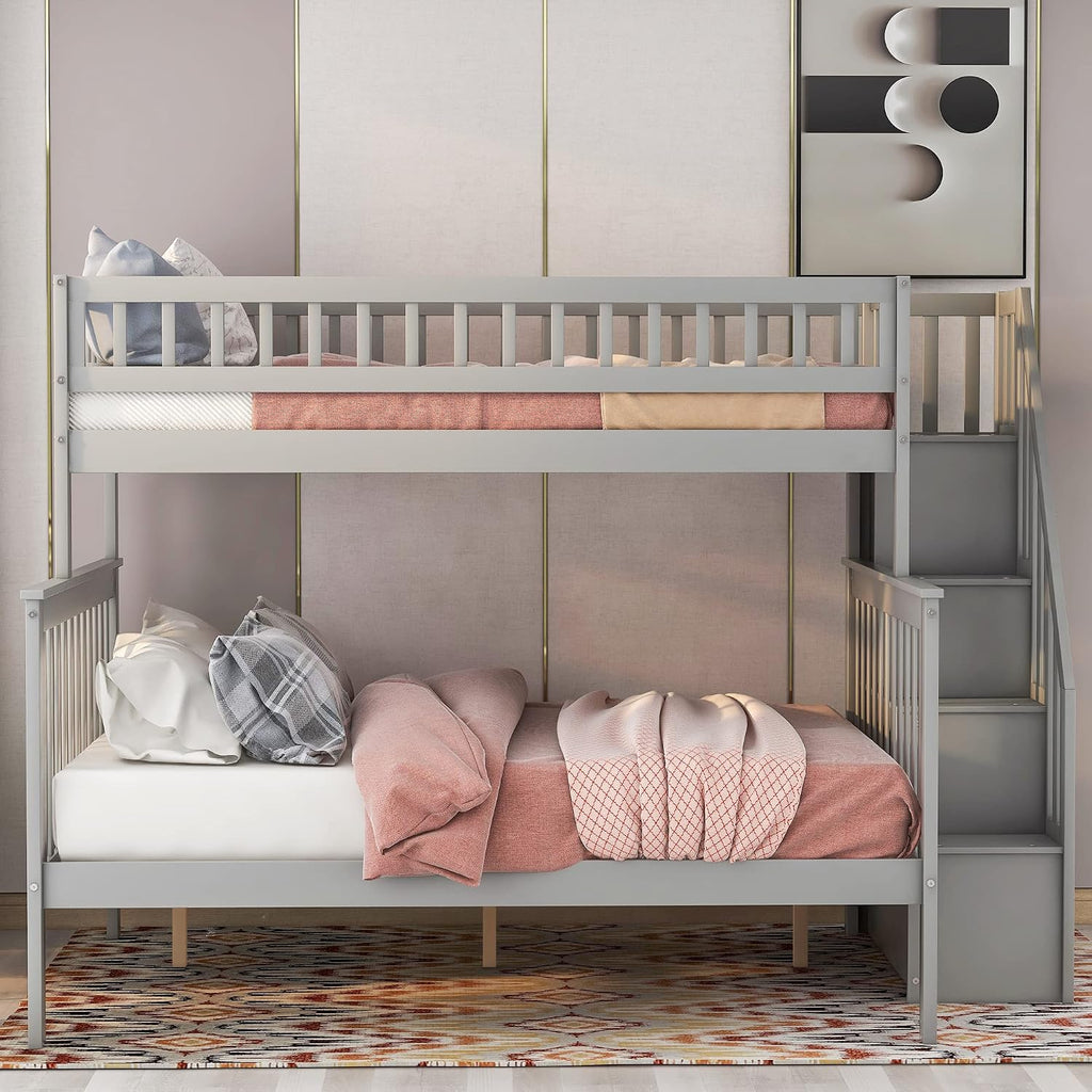 Harper & Bright Designs Wooden Bunk Bed with Stairs Twin Over Full Bunk Bed with Storage and Guard Rail for Kids Teens Adults (Gray)