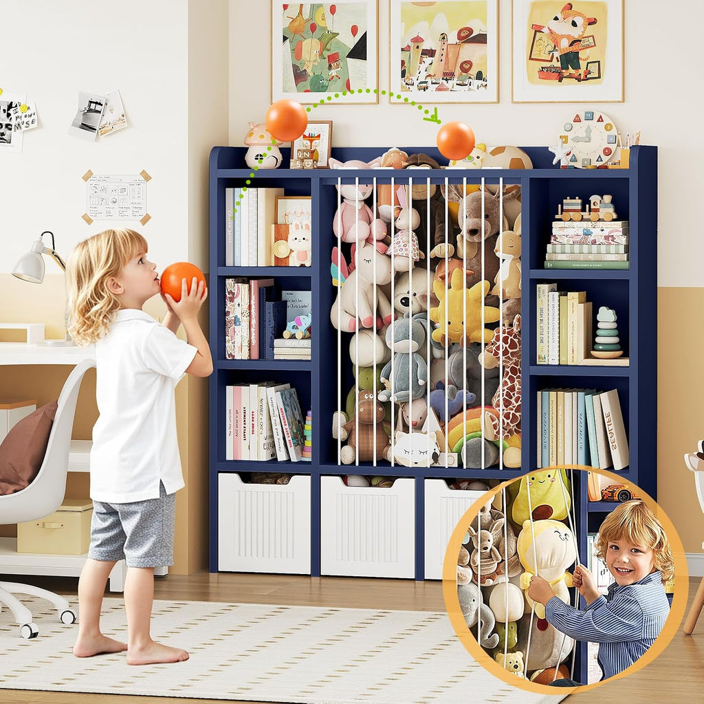 ONBRILL Toy Storage Organizer, Toddler Stuffed Animal Storage, Kids Toy Shelf with 6 Open Cubbies & 4 Movable Toy Chest, Bookshelf for Kids Room Playroom Bedroom Nursery (Blue)