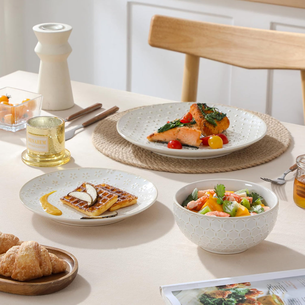 MALACASA 12 Pieces Dinnerware Sets, Modern Relief Design Plates and Bowls Sets, White Dish Set for 4, Kitchen Ceramic Dinner Plates Dishware Set, Microwave and Dishwasher Safe, Series LYDIA