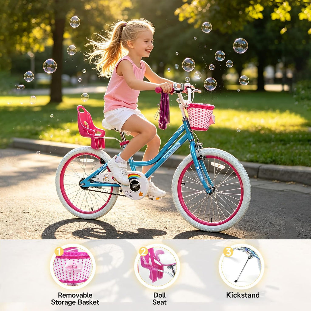 WinHope Girls Bike with Doll Seat, 12 14 16 18 20 Inch Kids Bike for 2-12 | Dual Brake with Training Wheels / Kickstand & Streamers Birthday Gift for Toddler Outdoor Riding, Multiple Colors
